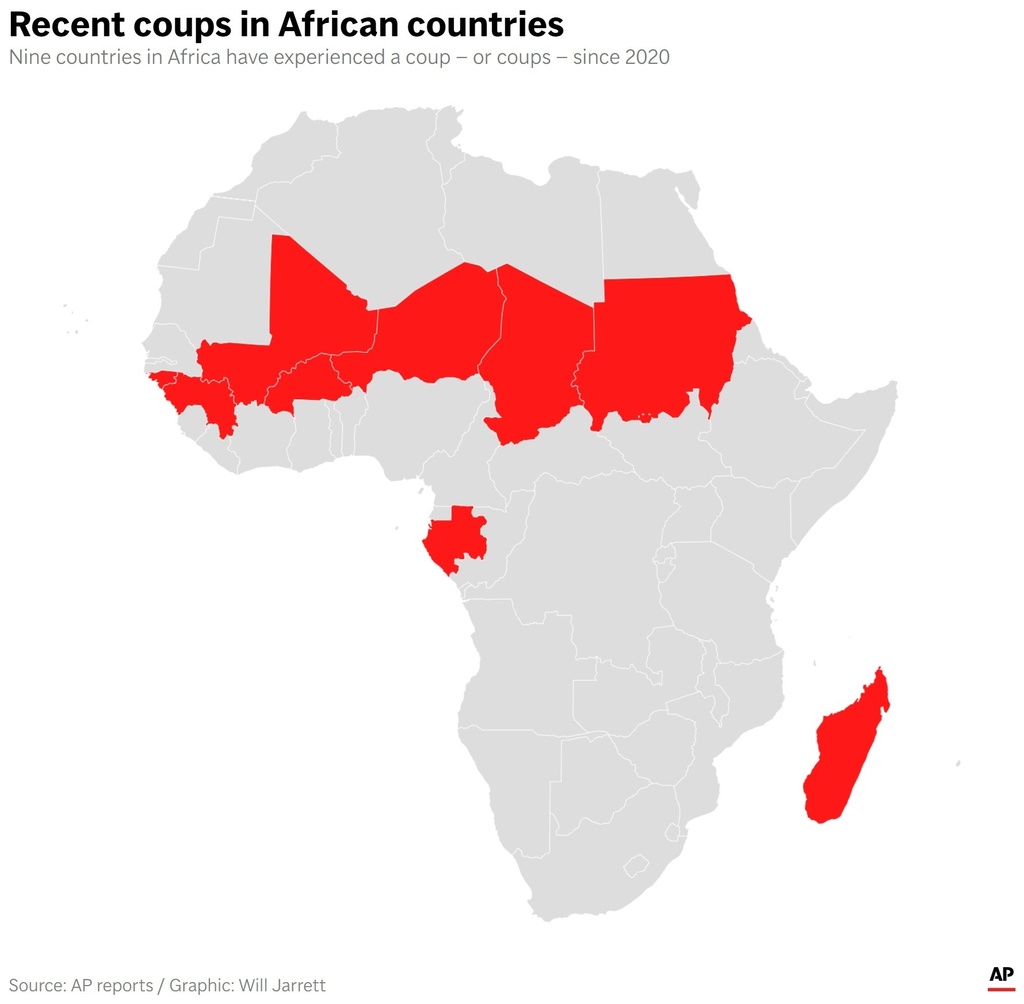Shows all the African countries that have experienced coups since 2020. (AP Digital Embed)