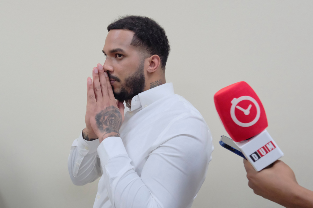 Tampa Bay Rays shortstop Wander Franco gestures in court at the end of his trial on charges of sexually abusing a minor in Puerto Plata, Dominican Republic, Monday, May 25, 2026. (AP Photo/Ricardo Hernandez)