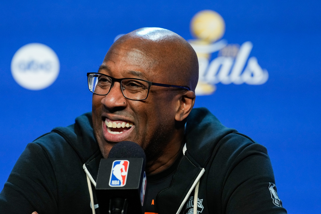 New York Knicks head coach Mike Brown speaks during a news conference prior to Game 5 of the NBA Finals basketball series against the San Antonio Spurs, Friday, June 12, 2026, in San Antonio. (AP Photo/Ross D. Franklin)