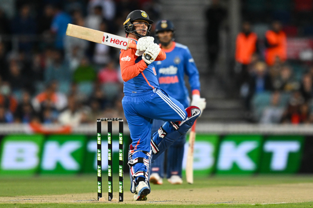 Abhishek Sharma of India bats during the T20 cricket international between India and Australia in Canberra, Australia, Wednesday, Oct. 29, 2025. (Lukas Coch/AAPImage via AP)