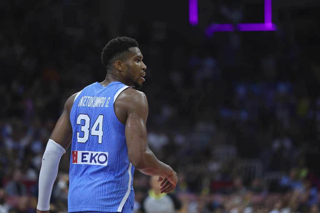 Greece's Giannis Antetokounmpo during the Eurobasket, European Basketball Championship Group C match between Spain and Greece at Spyros Kyprianou Arena, in Limassol, Cyprus, Thursday, Sept. 4, 2025. (AP Photo/Sakis Savvides)