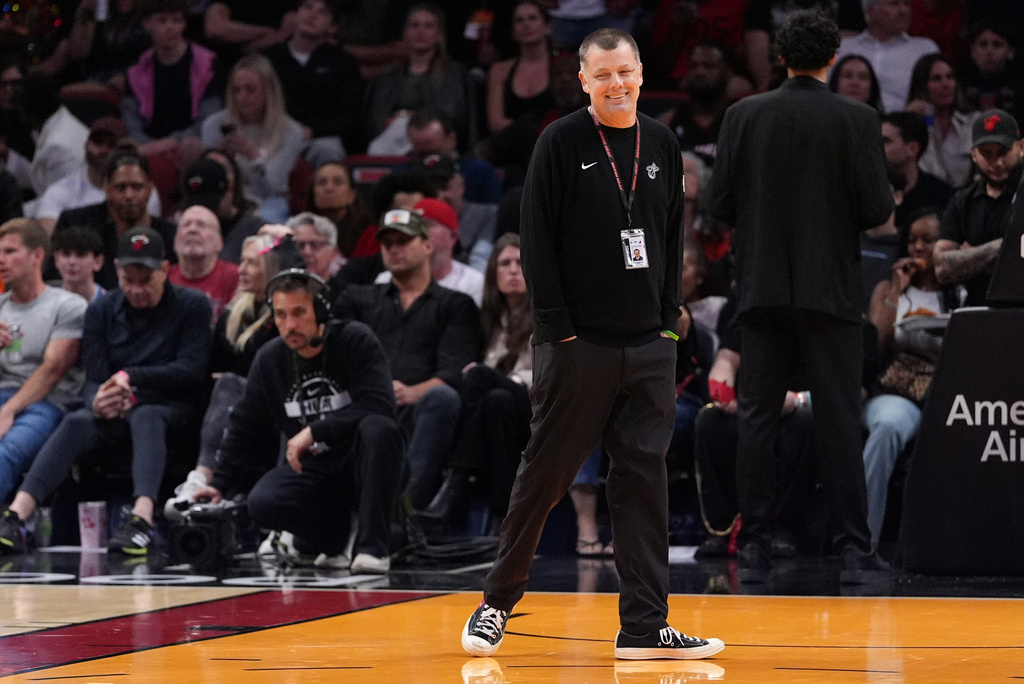Rob Pimental, Miami Heat's director of team operations, walks on the court during a break, in the second half of an NBA basketball game between the Miami Heat and the Atlanta Hawks, Sunday, April 12, 2026, in Miami. (AP Photo/Rebecca Blackwell)