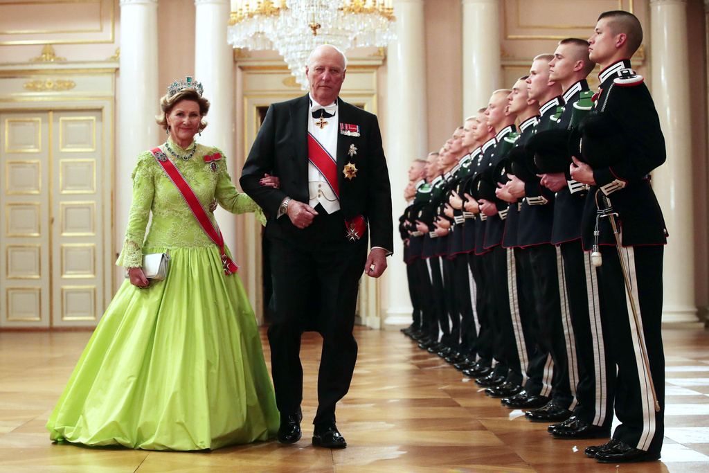 FILE - Norway's King Harald and Queen Sonja arrive at a gala dinner to celebrate their 80th birthdays, at the Royal Palace in Oslo, May 9, 2017. (Haakon Mosvold Larsen/NTB Scanpix via AP, File)