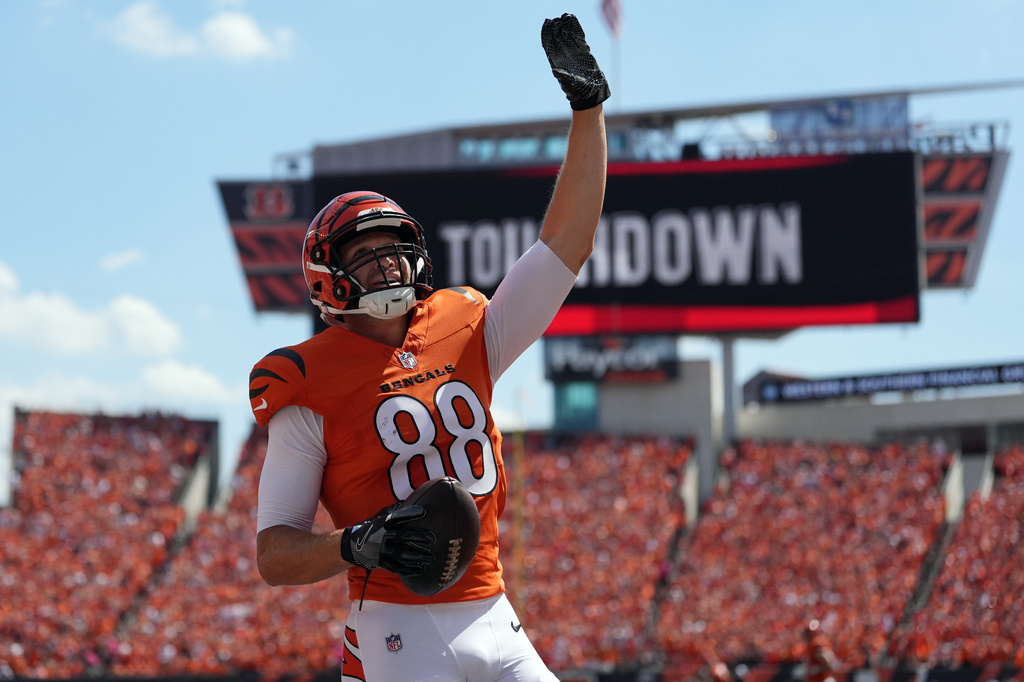 Cincinnati Bengals tight end Mike Gesicki celebrates after scoring a touchdown against the Tampa Bay Buccaneers in the first half of an NFL football game Sunday, Sept. 13, 2026, in Cincinnati. (AP Photo/Joshua A. Bickel)