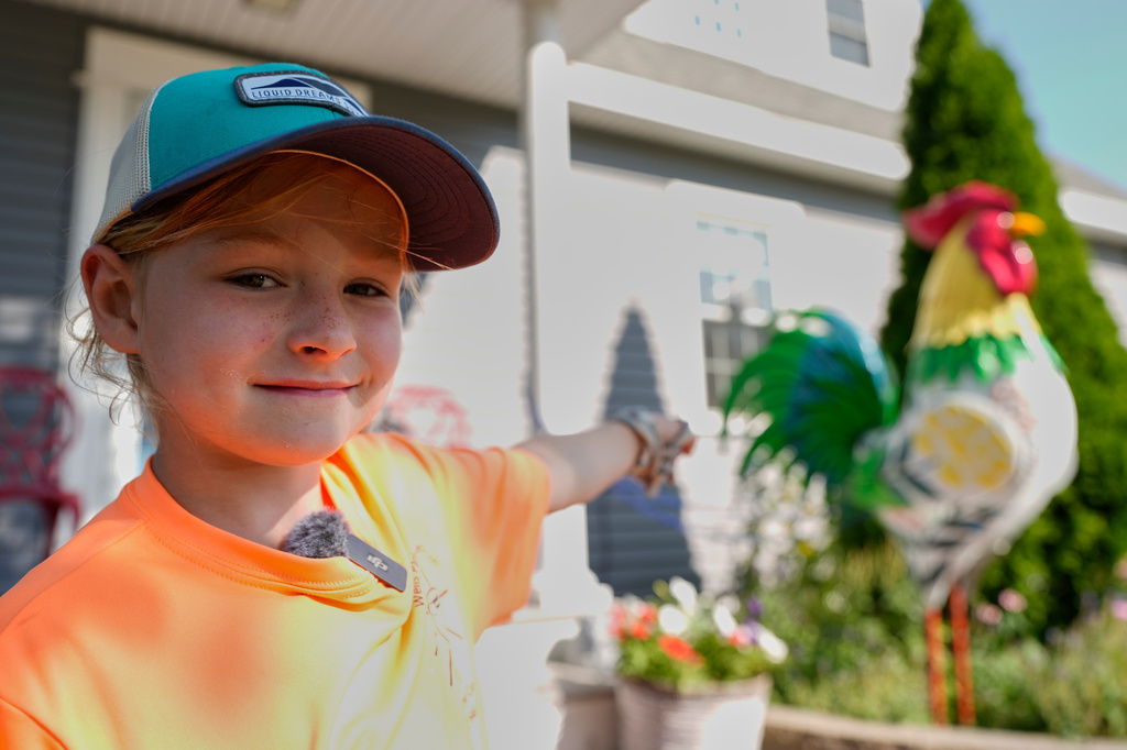 Pyper Leblanc shows her favorite tin rooster, one of dozens that now can be seen all over Ogunquit, Maine, Wednesday, July 22, 2026. (AP Photo/Robert F. Bukaty)