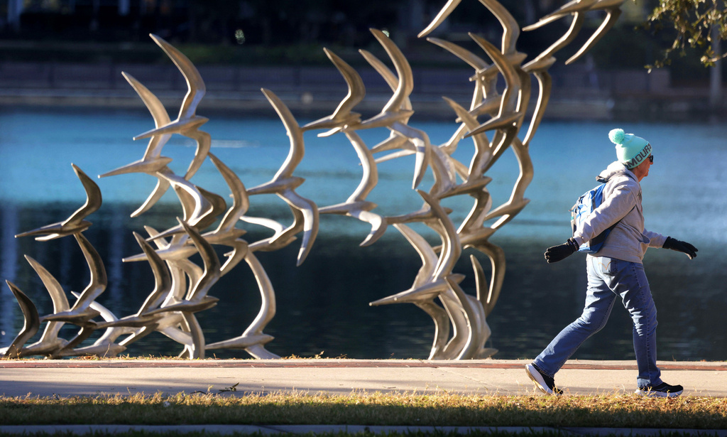 A visitor to Lake Eola Park in downtown Orlando, Fla., walks past the flock-of-seagulls "Take Flight" sculpture on a chilly morning, Friday, Jan. 16, 2026. (Joe Burbank /Orlando Sentinel via AP)