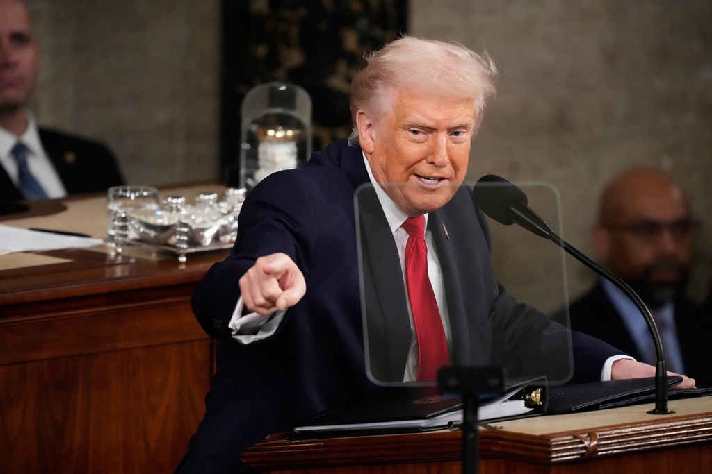 President Donald Trump delivers his State of the Union address to a joint session of Congress in the House chamber at the U.S. Capitol in Washington, Tuesday, Feb. 24, 2026. (AP Photo/Alex Brandon)