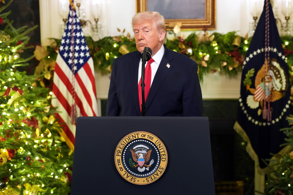 President Donald Trump finishes his remarks in an address to the nation from the Diplomatic Reception Room at the White House, Wednesday, Dec. 17, 2025, in Washington. (Doug Mills/The New York Times via AP, Pool)