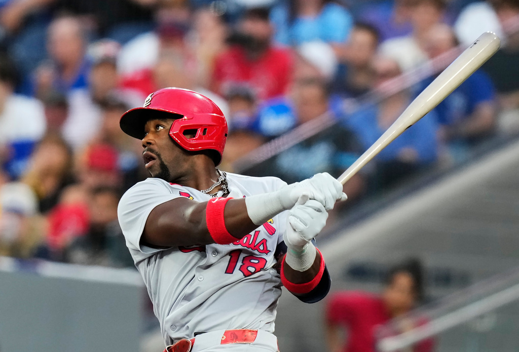 St. Louis Cardinals' Jordan Walker watches his RBI single against the Toronto Blue Jays during the fifth inning of a baseball game in Toronto, Friday, July 31, 2026. (Chris Young/The Canadian Press via AP)