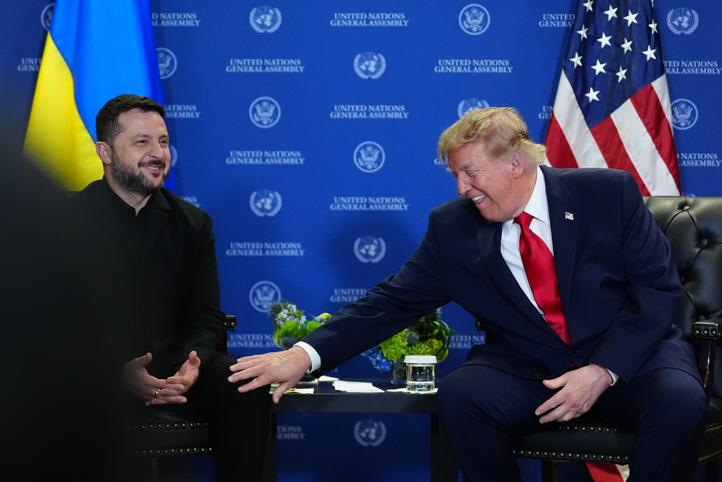 President Donald Trump meets with Ukraine's President Volodymyr Zelenskyy during the United Nations General Assembly, Tuesday, Sept. 22, 2026, at the UN headquarters. (AP Photo/Julia Demaree Nikhinson)
