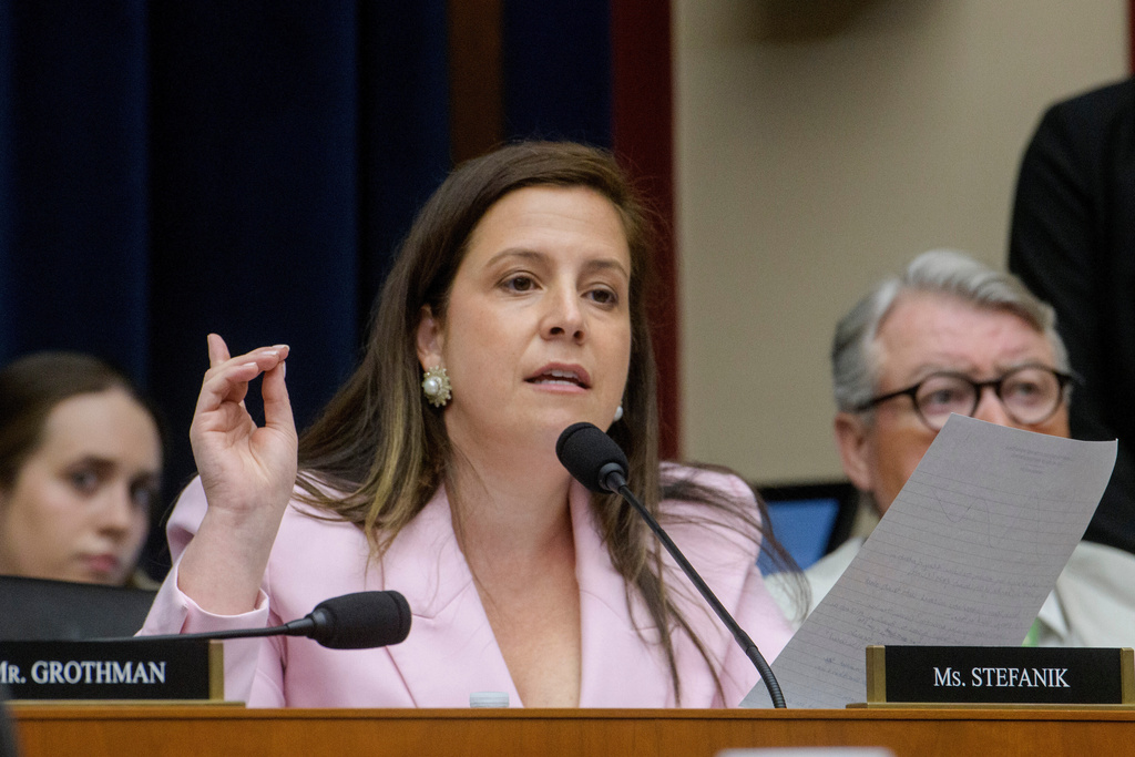 FILE - Rep. Elise Stefanik, R-N.Y., questions the panel of witnesses during a House Committee on Education and Workforce Committee hearing on "Antisemitism in Higher Education: Examining the Role of Faculty, Funding, and Ideology" on Capitol Hill, Tuesday, July 15, 2025, in Washington. (AP Photo/Rod Lamkey, Jr., File)