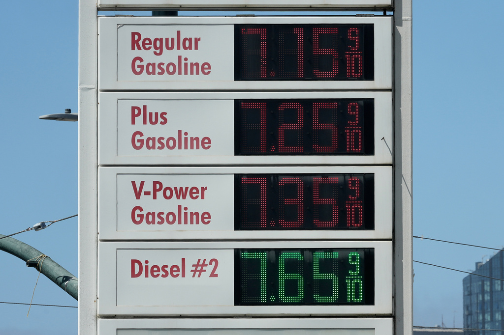 FILE - Prices are displayed on a digital gas station sign in San Francisco, April 29, 2026. (AP Photo/Jeff Chiu, File)