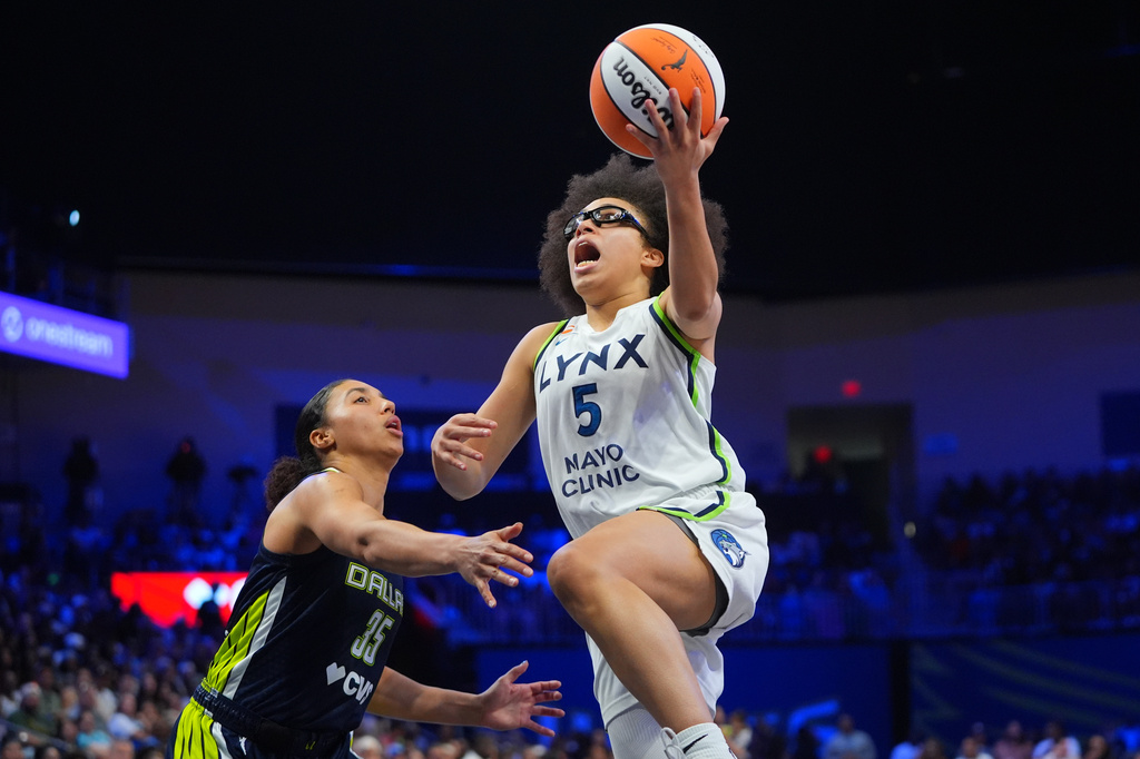 Minnesota Lynx guard Olivia Miles (5) drives against Dallas Wings guard Azzi Fudd (35) during the second half of a WNBA basketball game in Arlington, Texas, Sunday, June 28, 2026. (AP Photo/LM Otero)