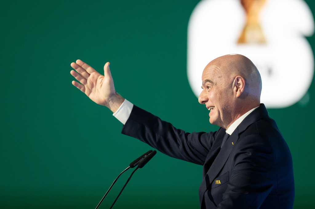 FIFA President Gianni Infantino, speaks during the 76th FIFA Congress in Vancouver, British Columbia, Thursday, April 30, 2026. (Ethan Cairns/The Canadian Press via AP)