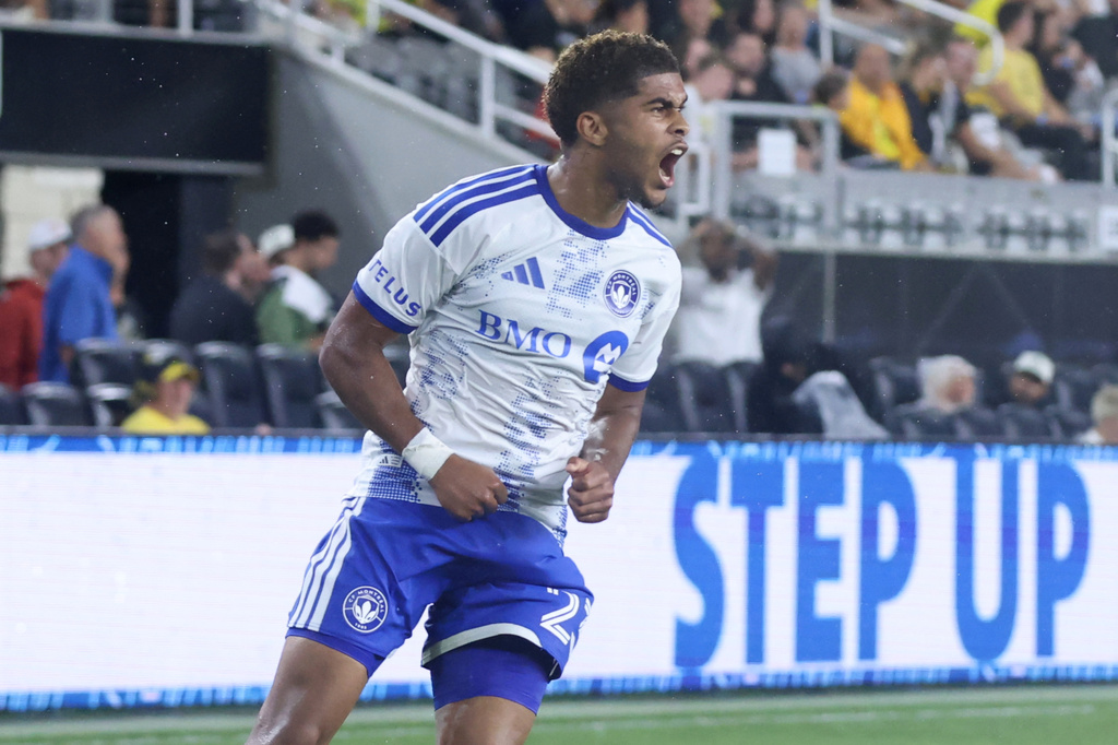 CF Montreal forward Noah Streit celebrates his goal against the Columbus Crew during the second half of an MLS soccer match in Columbus, Ohio, Wednesday, Aug. 19, 2026. (AP Photo/Paul Vernon)