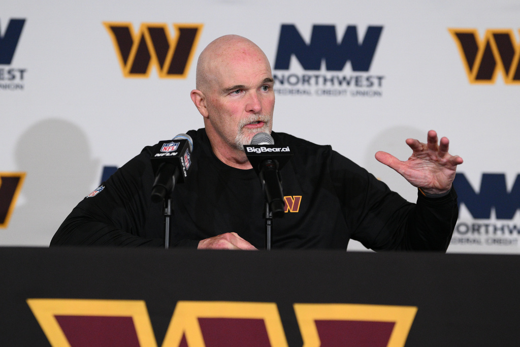 Washington Commanders head coach Dan Quinn speaks during a news conference following an NFL football game against the Detroit Lions Sunday, Nov. 9, 2025, in Landover, Md. (AP Photo/Nick Wass)