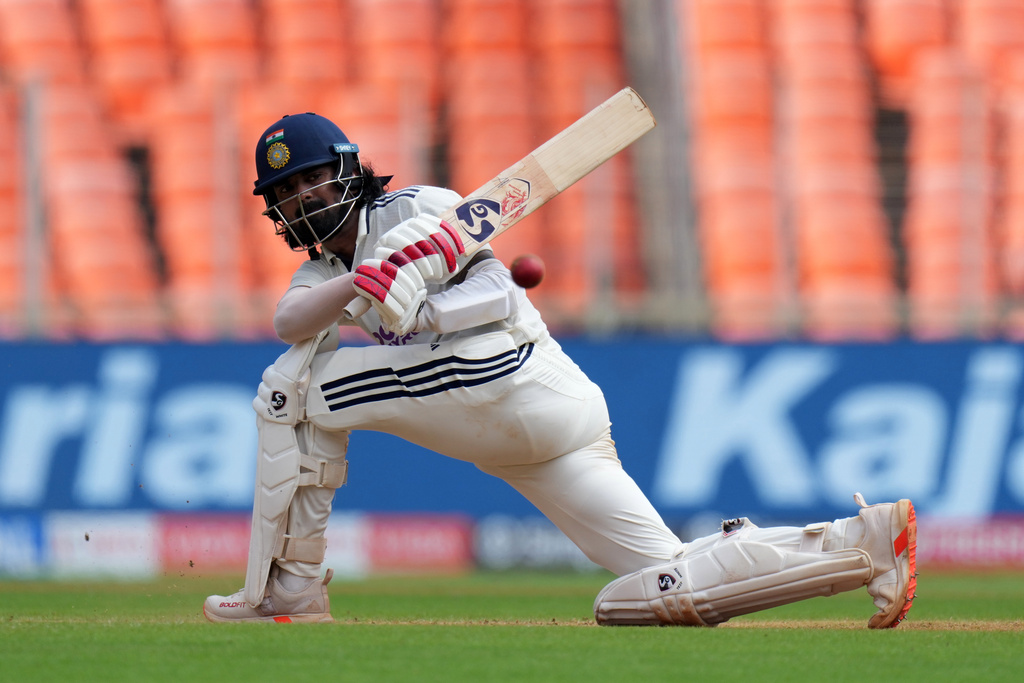 India's KL Rahul plays a shot on the second day of the first Test cricket match between India and West Indies at Narendra Modi Stadium in Ahmedabad, India, Friday, Oct. 3, 2025. (AP Photo/Ajit Solanki)
