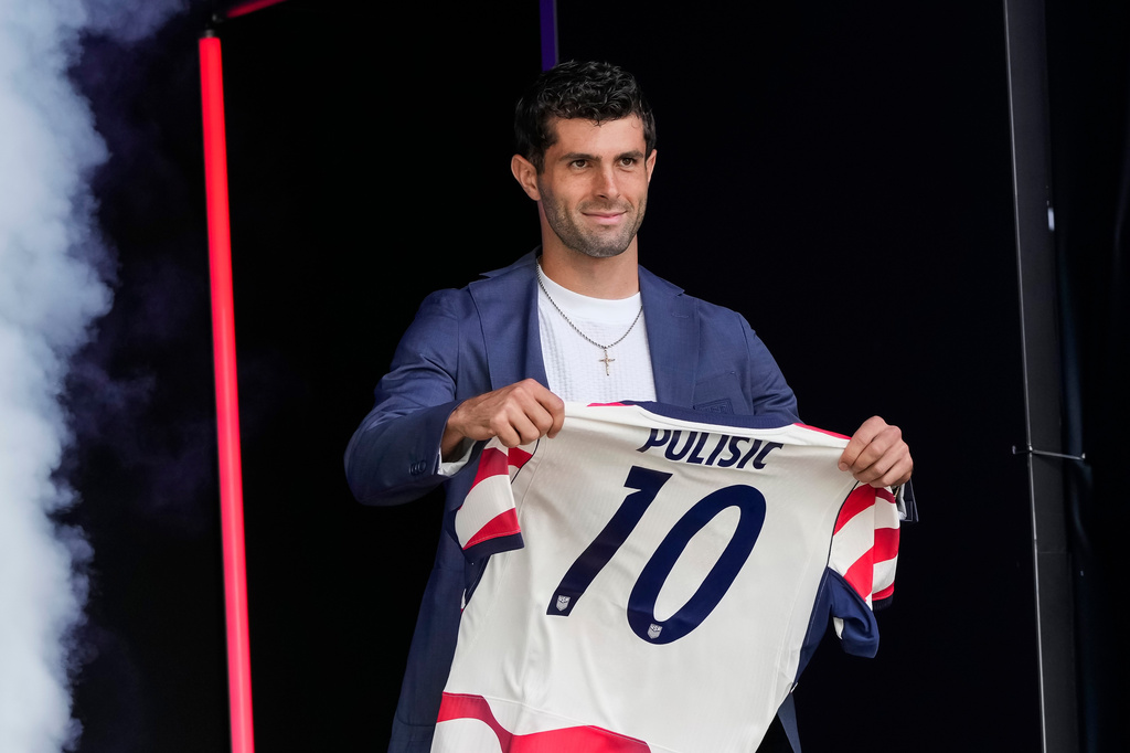 Forward Christian Pulisic of the United States men's national soccer team is presented during the announcement of the team roster on Tuesday, May 26, 2026, in New York City, ahead of the 2026 FIFA World Cup. (AP Photo/Eduardo Munoz Alvarez)