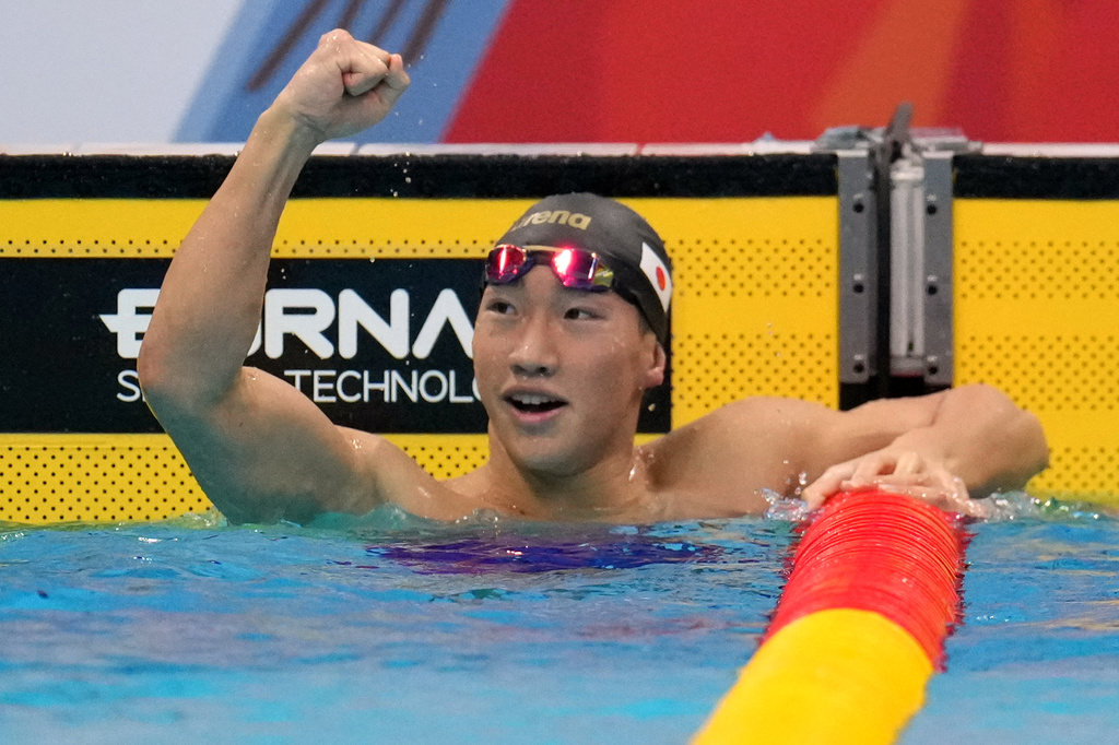 Shin Ohashi of Japan celebrates after winning the men's 200-meter breaststroke final in swimming at the Asian Games in Tokyo, Japan, Thursday, Sept. 24, 2026. (AP Photo/Hiro Komae)