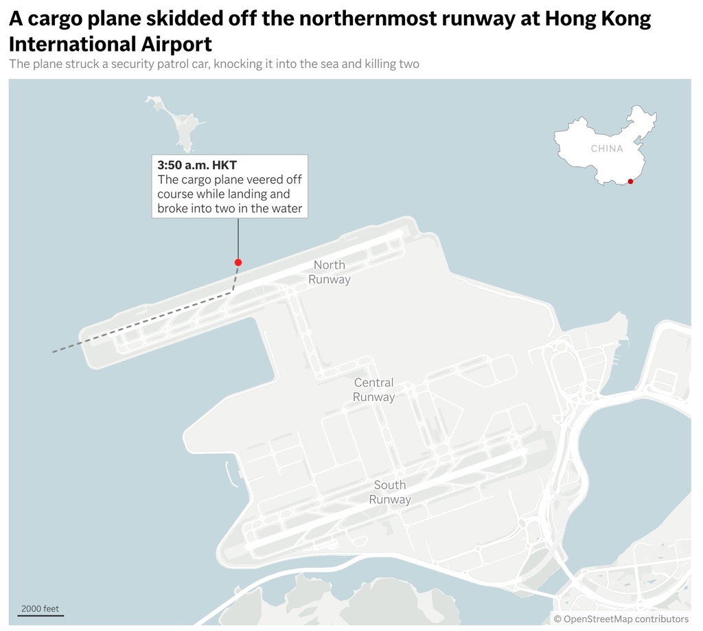 This map shows where the cargo plane veered off course upon landing at Hong Kong International Airport. (AP Digital Embed)