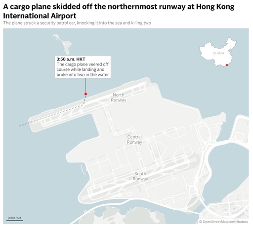 This map shows where the cargo plane veered off course upon landing at Hong Kong International Airport. (AP Digital Embed) This map shows where the cargo plane veered off course upon landing at Hong Kong International Airport. (AP Digital Embed)