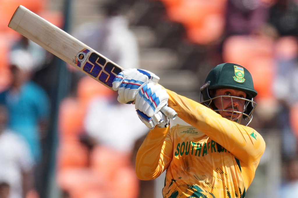 South Africa's Quinton de Kock plays a shot during the T20 World Cup cricket match between Afghanistan and South Africa in Ahmedabad, India, Wednesday, Feb. 11, 2026. (AP Photo/Ajit Solanki)