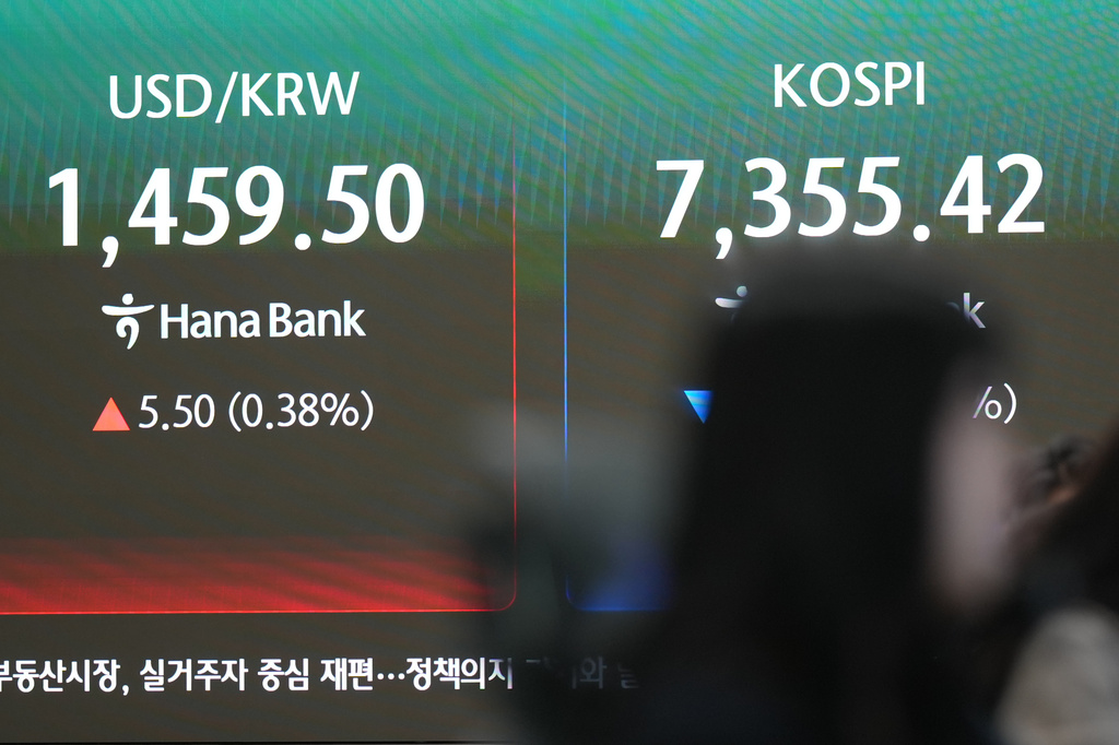 The screens showing the Korea Composite Stock Price Index (KOSPI) and the foreign exchange rate between U.S. dollar and South Korean won are displayed at a dealing room of Hana Bank in Seoul, South Korea, Friday, May 8, 2026. (AP Photo/Lee Jin-man)
