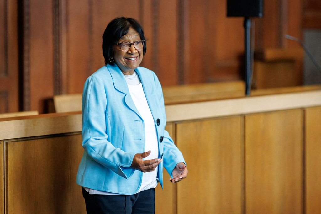 South African-born jurist and former U.N. human rights chief Navanethem "Navi" Pillay, speaks at the Nuremberg Forum in Nuremberg, Germany, Friday, Oct. 9, 2026, following the announcement that she had been awarded the 2026 Nobel Peace Prize. (Daniel Karmann/dpa via AP)