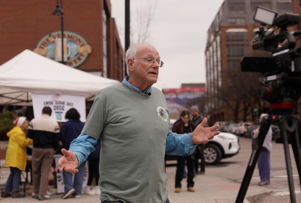 Ben and Jerry's co-founder Ben Cohen speaks during an interview about his Free the Cone Day campaign, asking supporters to help restore the company's independence and protect its social mission on Free Cone Day in Burlington, Vt., Tuesday, April 14, 2026. (AP Photo/Amanda Swinhart)