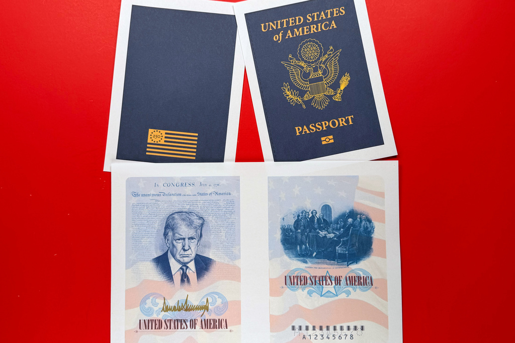 A sample of a limited release of a commemorative U.S. passport that celebrates America's 250th birthday and features a picture of President Donald Trump, is photographed Tuesday, April 28, 2026. (AP Photo/Jon Elswick)
