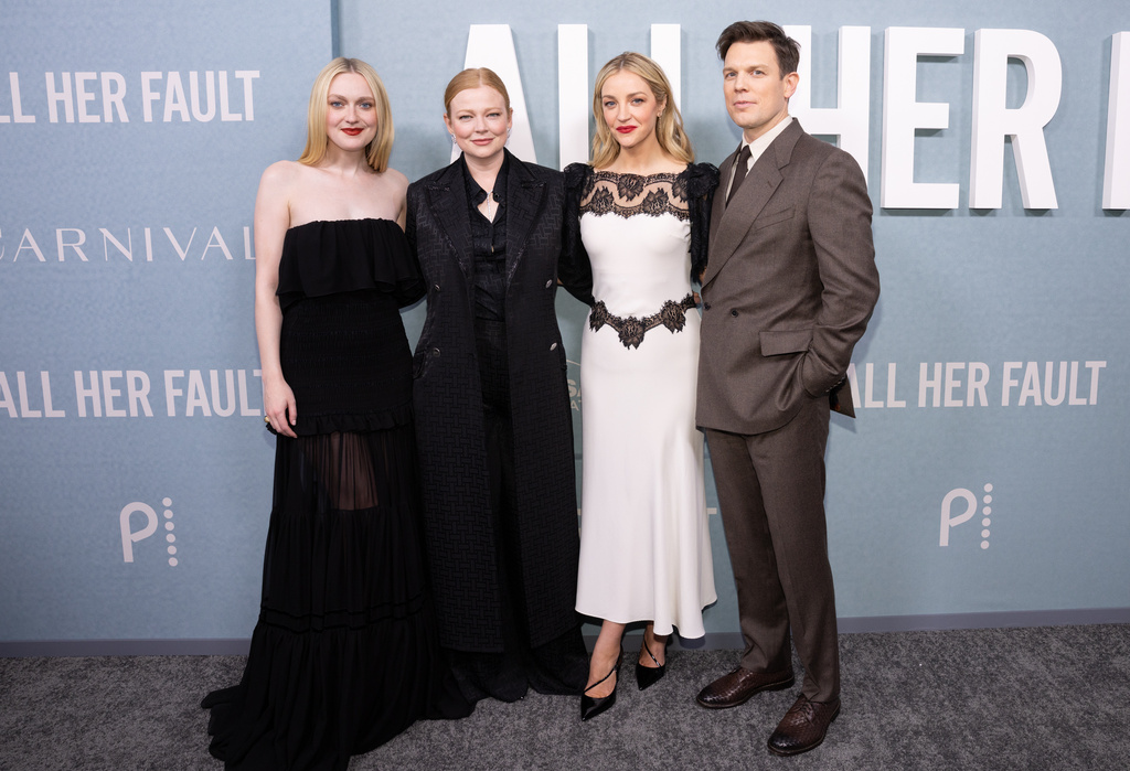 Dakota Fanning, from left, Sarah Snook, Abby Elliott, and Jake Lacy attend the premiere of "All Her Fault" at the SVA Theatre on Monday, Nov. 3, 2025, in New York. (Photo by CJ Rivera/Invision/AP)