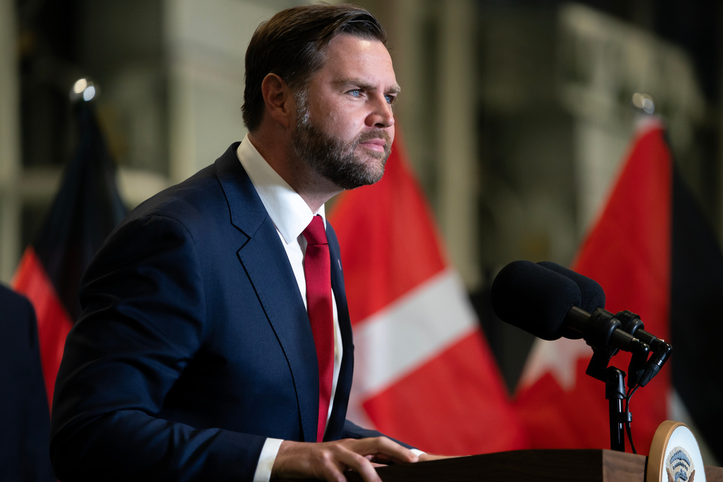 U.S. Vice President JD Vance speaks during a press conference following a military briefing at the Civilian Military Coordination Center in southern Israel on Tuesday, Oct. 21, 2025. (Nathan Howard/The New York Times via AP, Pool)