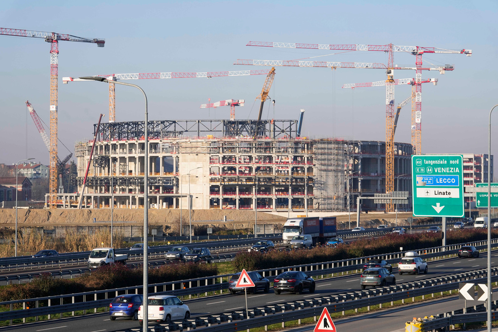 FILE - Construction continues at the Milano Santagiulia Ice Hockey Arena for the Milan Cortina 2026 Winter Olympics in Assago, near Milan, Italy, Wednesday, Jan. 15, 2025. (AP Photo/Luca Bruno, File)