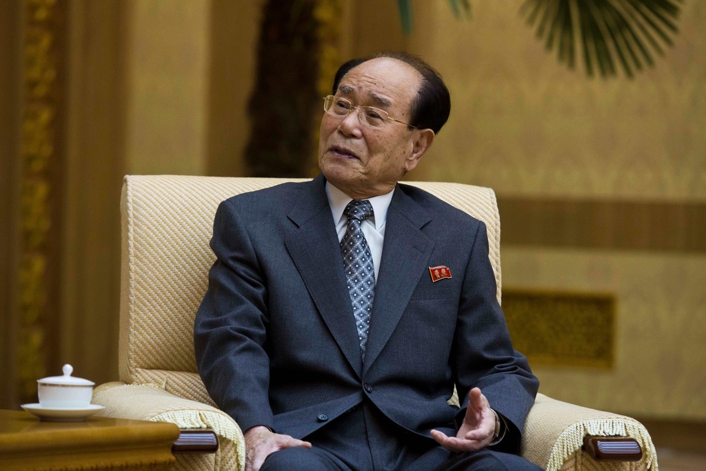 FILE - Kim Yong Nam, head of the Presidium of the Supreme People's Assembly of North Korea, speaks with the Associated Press at the Mansudae Assembly Hall in Pyongyang, North Korea, Oct. 4, 2013. (AP Photo/David Guttenfelder, File)