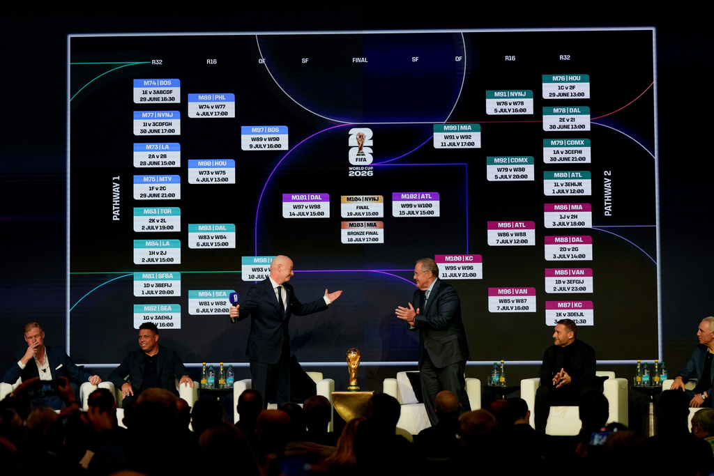 From left: Alexi Lalas and Ronaldo listen as FIFA President Gianni Infantino and host Andrés Cantor applaude as Francesco Totti, and Hristo Stoichkov look on during the match schedule reveal for the 2026 soccer World Cup in Washington, Saturday, Dec. 6, 2025. (AP Photo/Chris Carlson)