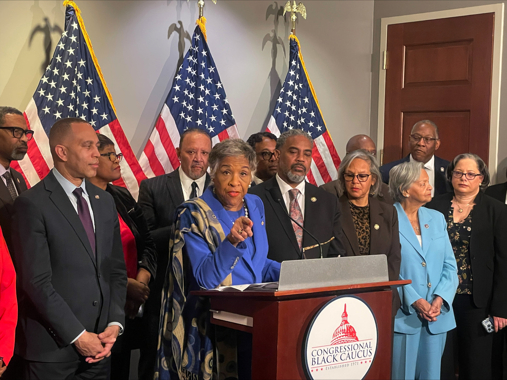 Rep. Joyce Beatty, D-Ohio, speaks during a press conference of the Congressional Black Caucus and civil rights leaders on Wednesday, Feb. 11, 2026 in Washington. (AP Photo/Matthew Brown)
