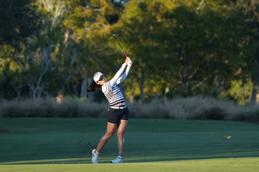 Jeeno Thitikul of Thailand hits from the 18th fairway during the third round of the LPGA Tour Championship golf tournament, Saturday, Nov. 22, 2025, in Naples, Fla. (AP Photo/Marta Lavandier)