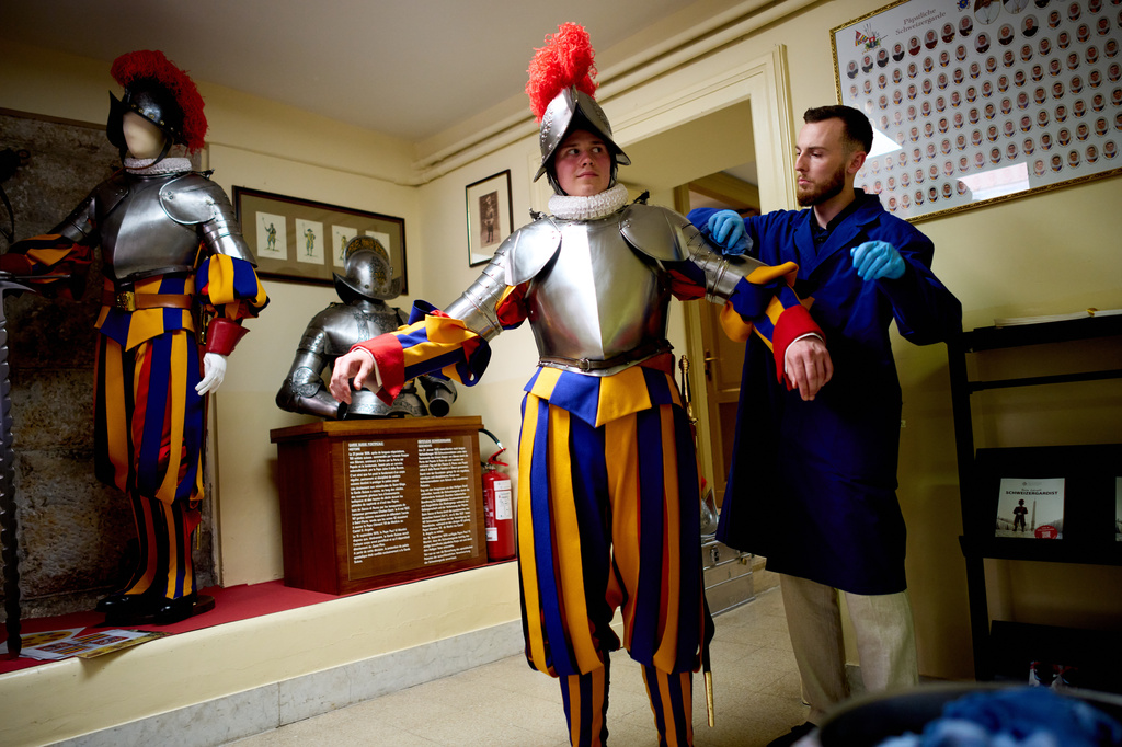 Pontifical Swiss Guards prepare ahead of their swearing in ceremony, at the Vatican, Wednesday, May 6, 2026. (AP Photo/Andrew Medichini)