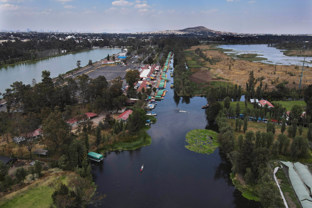 FILE - An aerial view of the Xochimilcol canals in Mexico City, Feb. 16, 2022. (AP Photo/Marco Ugarte, File)