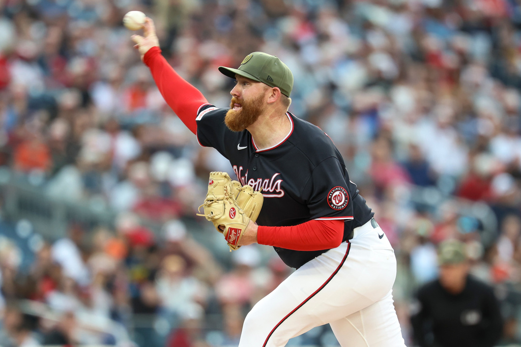 Washington Nationals pitcher Zack Littell throws during the second inning of a baseball game against the Baltimore Orioles, Friday, May 15, 2026, in Washington. (AP Photo/Terrance Williams)