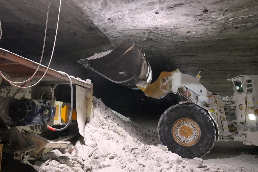 The salt, formed 440 million years ago, is mucked up and loaded onto a conveyor belt 1,800 feet below Lake Erie in Cleveland, Ohio, Thursday, March 19, 2026. (AP Photo/Sue Ogrocki)