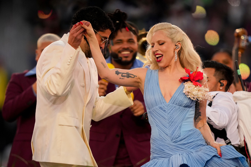 Bad Bunny and Lady Gaga perform during halftime of the NFL Super Bowl 60 football game between the New England Patriots and the Seattle Seahawks, Sunday, Feb. 8, 2026, in Santa Clara, Calif. (AP Photo/Brynn Anderson)