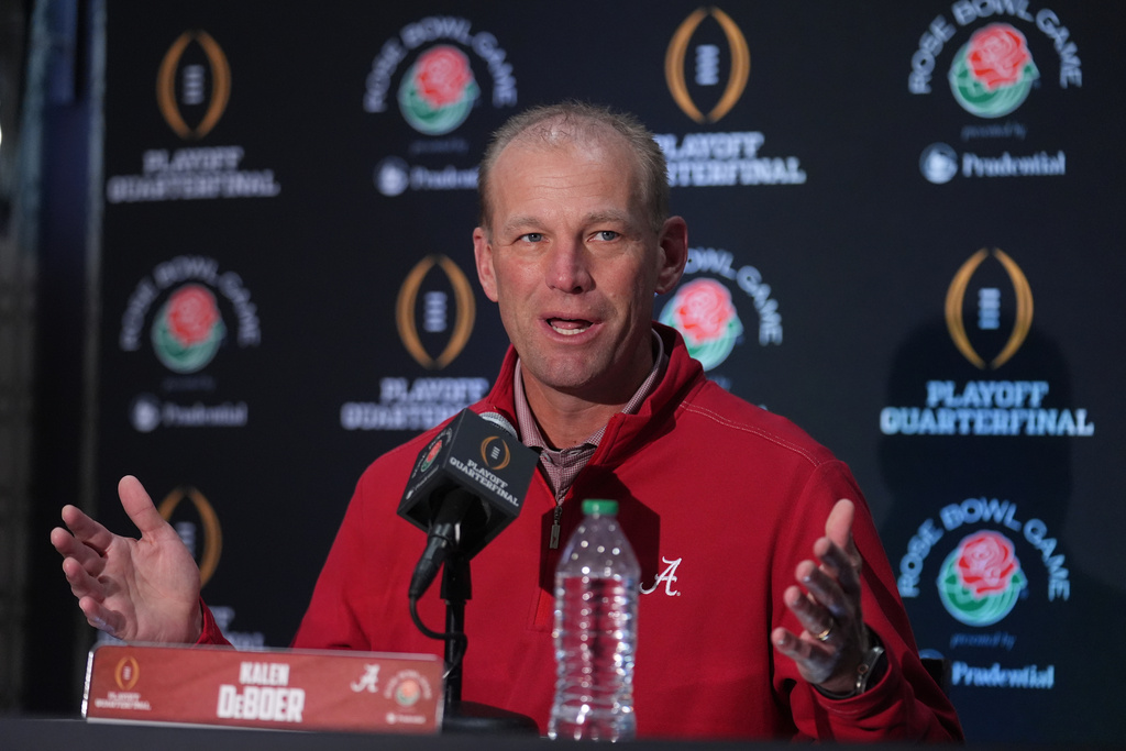 Alabama head coach Kalen DeBoer answers questions during a press conference ahead of Thursday's Rose Bowl College Football Playoff against Indiana Tuesday, Dec. 30, 2025, in Los Angeles. (AP Photo/Marcio Jose Sanchez)