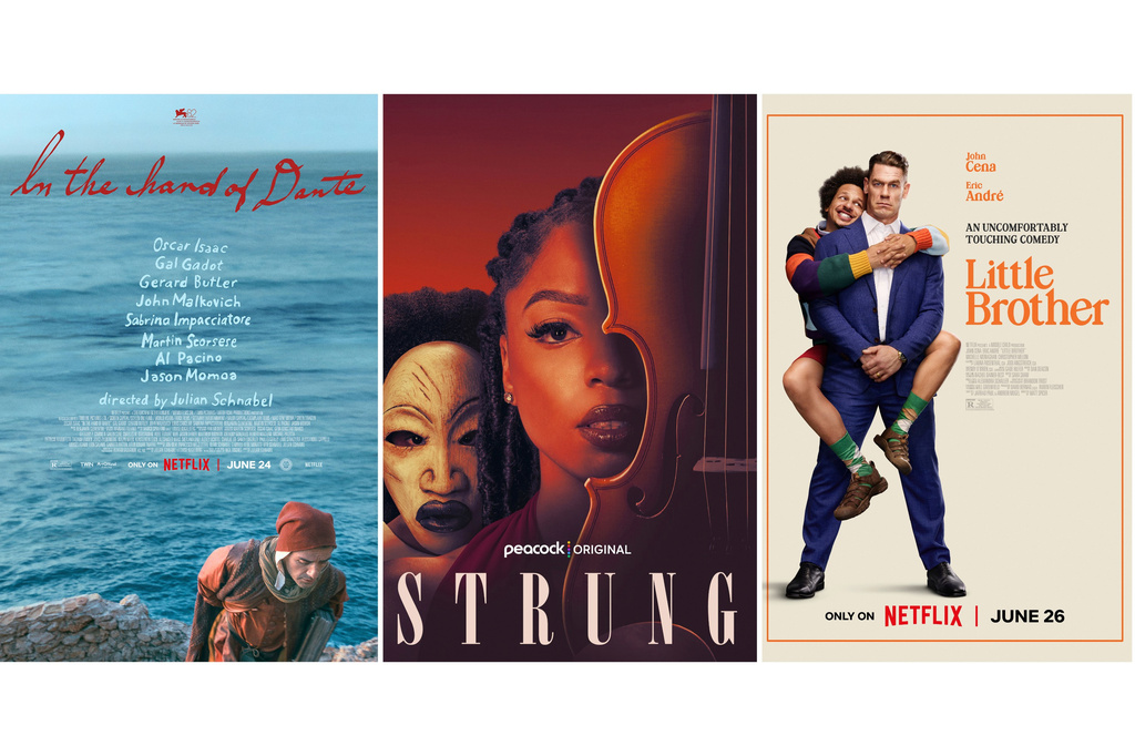 This combination of images show promotional art for the films "In the Hand of Dante," from left, "Strung," and "Little Brother." (Netflix/Peacock/Netflix via AP)