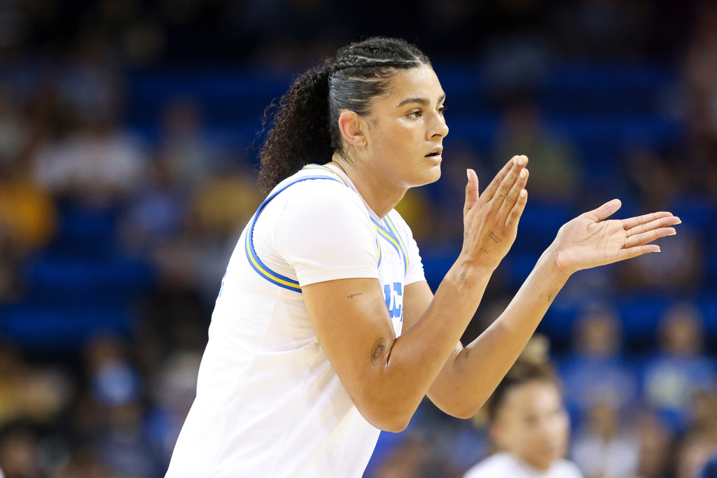 UCLA center Lauren Betts gestures during the first half against California Baptist in the first round of the NCAA college basketball tournament, Saturday, March 21, 2026, in Los Angeles. (AP Photo/Jessie Alcheh)