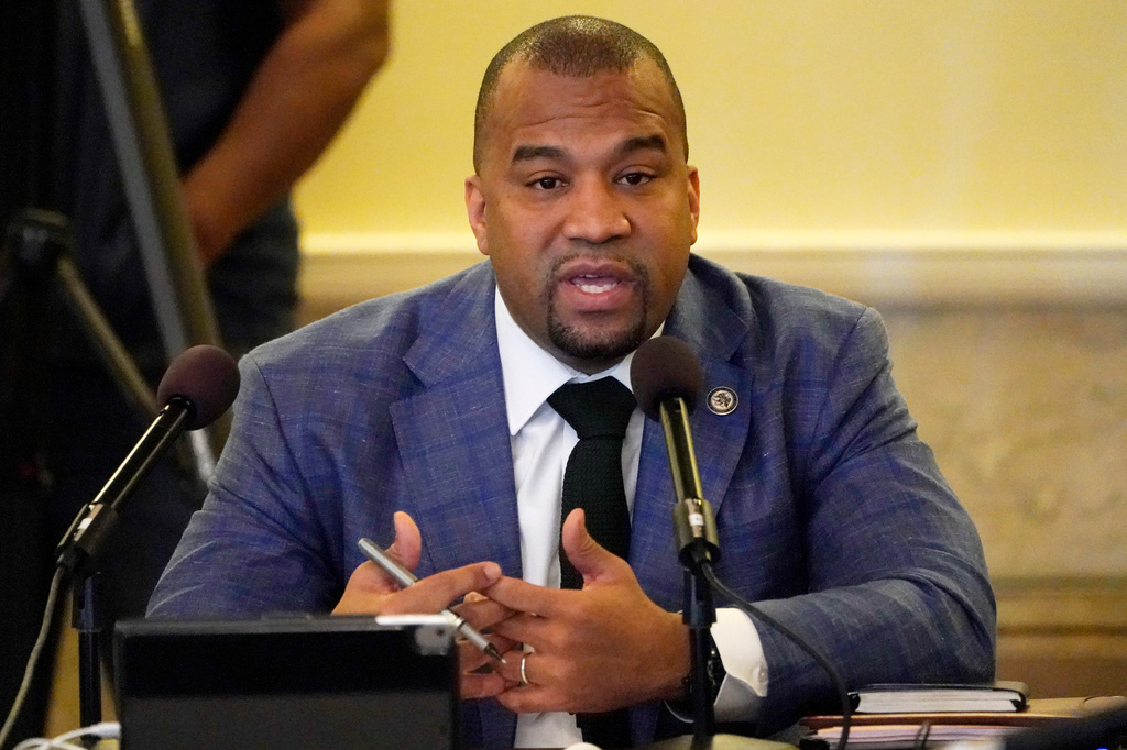 FILE - Hinds County District Attorney Jody Owens speaks at a Jackson Delegation Legislative Hearing at the Capitol in Jackson, March 6, 2023. (AP Photo/Rogelio V. Solis, File)