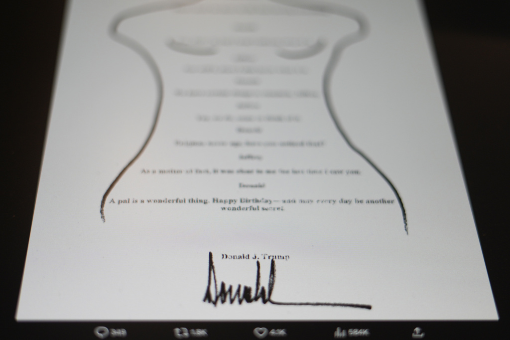 This image posted Monday, Sept. 8, 2025, on the X account of the Democrats on the House Oversight Committee shows a sexually suggestive birthday note to Jeffrey Epstein alluding to a “wonderful secret” and purportedly signed by President Donald Trump, who has denied sending the note. (@OversightDems/X via AP)