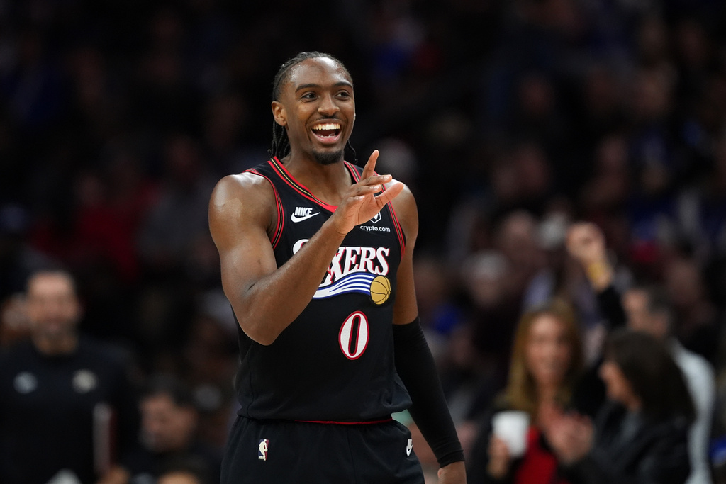 Philadelphia 76ers' Tyrese Maxey reacts after scoring during the second half of an NBA basketball game against the Toronto Raptors Saturday, Nov. 8, 2025, in Philadelphia. (AP Photo/Matt Slocum)