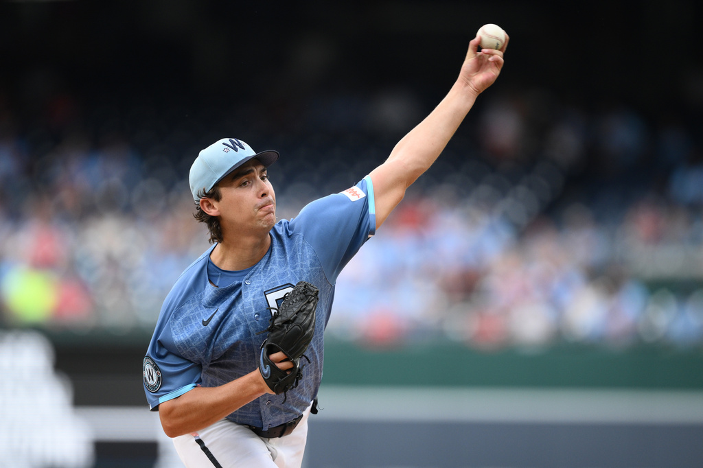 Washington Nationals pitcher Andrew Alvarez throws during the first inning of a baseball game against the Los Angeles Angels, Saturday, Sept. 12, 2026, in Washington. (AP Photo/Nick Wass)