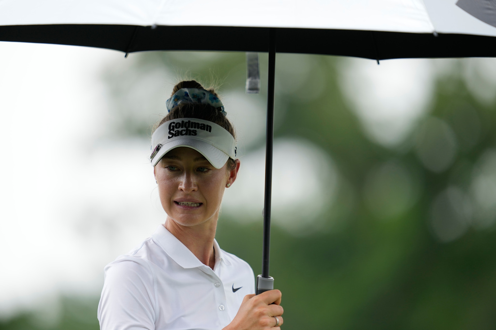 Nelly Korda waits to play on the seventh hole during the third round of the Chevron Championship LPGA golf tournament Saturday, April 25, 2026, in Houston. (AP Photo/Ashley Landis)